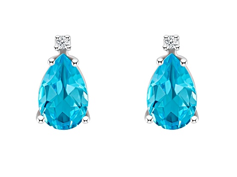8x5mm Pear Shape Blue Topaz with Diamond Accents 14k White Gold Stud Earrings