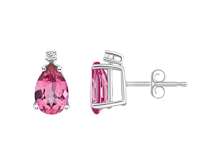 8x5mm Pear Shape Pink Topaz with Diamond Accents 14k White Gold Stud Earrings