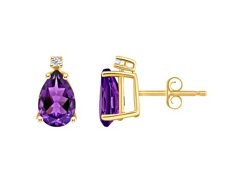 8x5mm Pear Shape Amethyst with Diamond Accents 14k Yellow Gold Stud Earrings