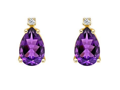 8x5mm Pear Shape Amethyst with Diamond Accents 14k Yellow Gold Stud Earrings