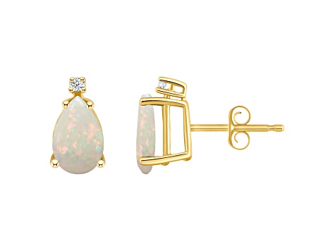 8x5mm Pear Shape Opal with Diamond Accents 14k Yellow Gold Stud Earrings