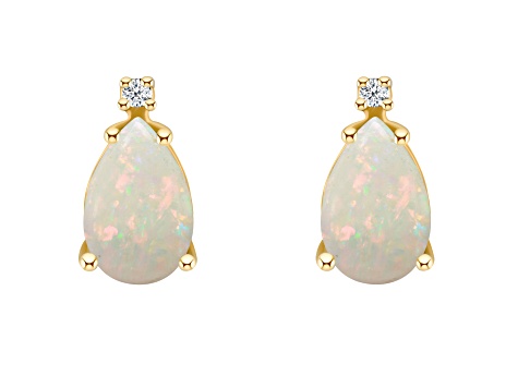8x5mm Pear Shape Opal with Diamond Accents 14k Yellow Gold Stud Earrings