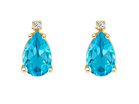 8x5mm Pear Shape Blue Topaz with Diamond Accents 14k Yellow Gold Stud Earrings