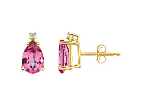 8x5mm Pear Shape Pink Topaz with Diamond Accents 14k Yellow Gold Stud Earrings