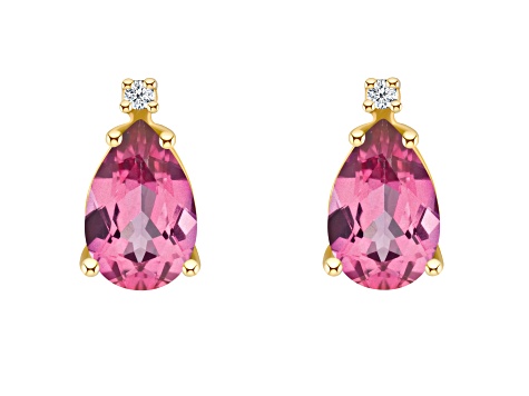 8x5mm Pear Shape Pink Topaz with Diamond Accents 14k Yellow Gold Stud Earrings