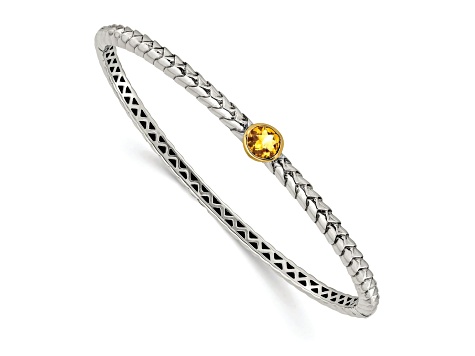 Sterling Silver with 14K Gold Over Sterling Silver Accent Oxidized 6mm Citrine Hinged Bangle
