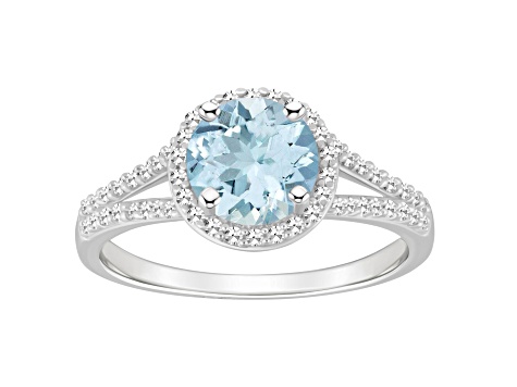 7mm Round Aquamarine 1/4 ctw Diamond Rhodium Over Sterling Silver Halo Ring