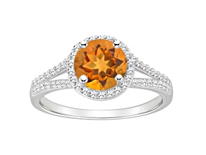 7mm Round Citrine 1/4 ctw Diamond Rhodium Over Sterling Silver Halo Ring