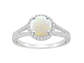 7mm Round Opal 1/4 ctw Diamond Rhodium Over Sterling Silver Halo Ring