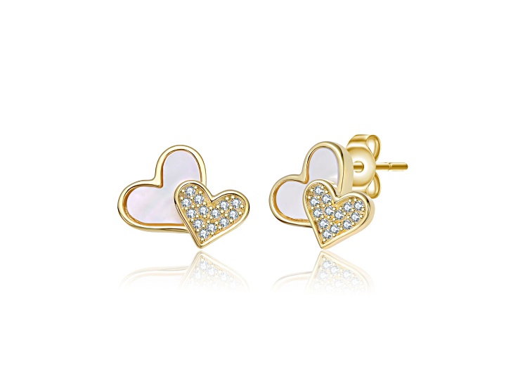 Mother of Pearl, 14K Gold Plated over Sterling Silver Crystal Accents Heart Stud Earrings for Kids
