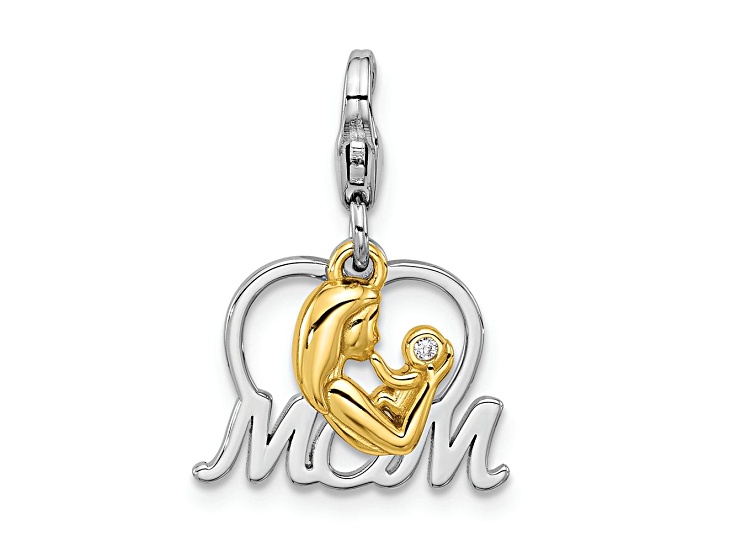 Sterling Silver and Gold Tone Rhodium Over Sterling Silver Cubic Zirconia Mother's Love Mom Charm