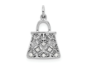 Rhodium Over 14k White Gold Diamond Textured Handbag Charm