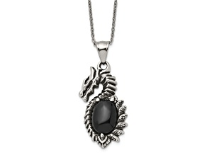 Stainless Steel Antiqued and Polished with Black Glass Dragon 20-inch Necklace