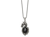 Stainless Steel Antiqued and Polished with Black Glass Dragon 20-inch Necklace