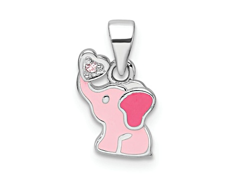 Rhodium Over Sterling Silver Pink Enamel and Cubic Zirconia Elephant Children's Pendant