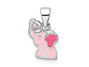 Rhodium Over Sterling Silver Pink Enamel and Cubic Zirconia Elephant Children's Pendant
