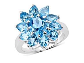 Oval and Pear Swiss Blue Topaz Rhodium Over Sterling Silver Floral Cocktail Ring 5.5ctw
