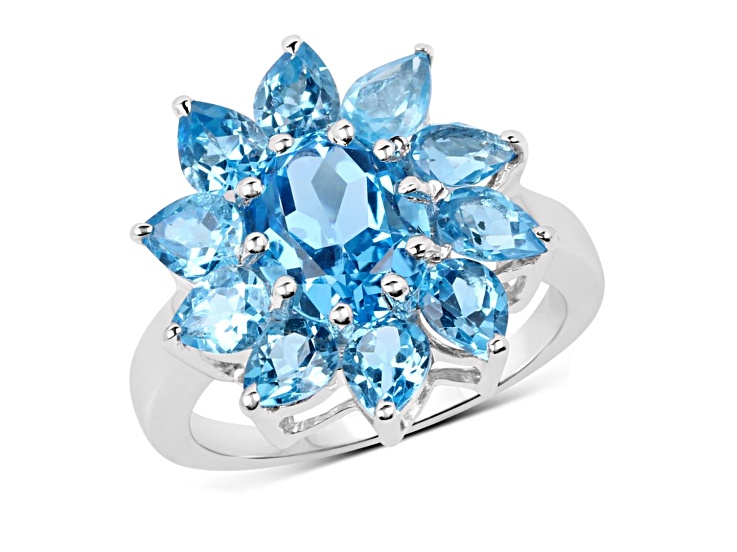 Oval and Pear Swiss Blue Topaz Rhodium Over Sterling Silver Floral Cocktail Ring 5.5ctw