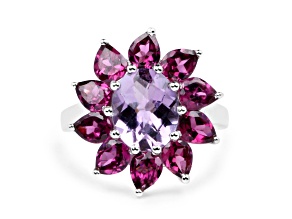 Oval Purple Amethyst and Pear Rhodolite Rhodium Over Sterling Silver Floral Cocktail Ring 5.65ctw