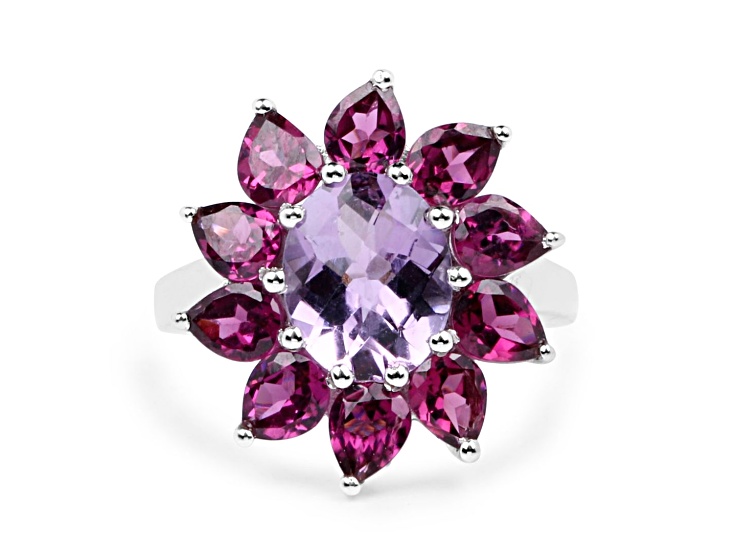 Oval Purple Amethyst and Pear Rhodolite Rhodium Over Sterling Silver Floral Cocktail Ring 5.65ctw