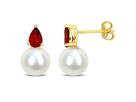 8.5-9MM Freshwater Cultured Pearl and 1 CT TGW Garnet Earrings in Yellow Plated Sterling Silver