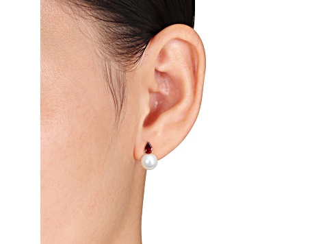 8.5-9MM Freshwater Cultured Pearl and 1 CT TGW Garnet Earrings in Yellow Plated Sterling Silver