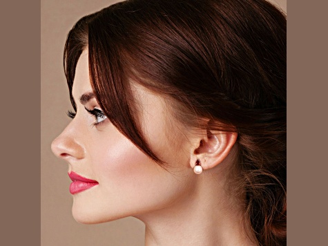 8.5-9MM Freshwater Cultured Pearl and 1 CT TGW Garnet Earrings in Yellow Plated Sterling Silver