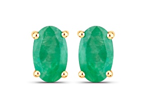 Oval Green Zambian Emerald 10K Yellow Gold Stud Earrings 0.38 ct
