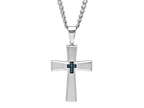 Stainless Steel and Blue Diamond Cross Pendant With  Chain 0.05ctw
