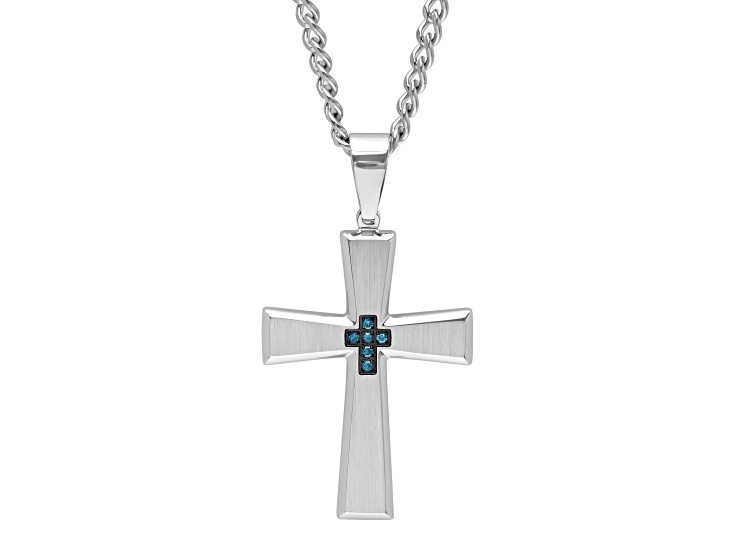 Stainless Steel and Blue Diamond Cross Pendant With Chain 0.05ctw