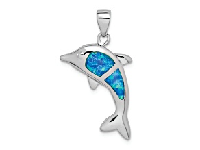 Rhodium Over Sterling Silver Lab Created Blue Opal Dolphin Pendant