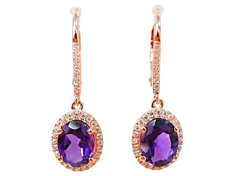 Amethyst and CZ 2.98 Ctw Oval 18K Rose Gold Over Sterling Silver Drop Earrings Jewelry.