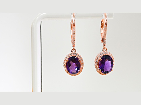 Amethyst and CZ 2.98 Ctw Oval 18K Rose Gold Over Sterling Silver Drop Earrings Jewelry.