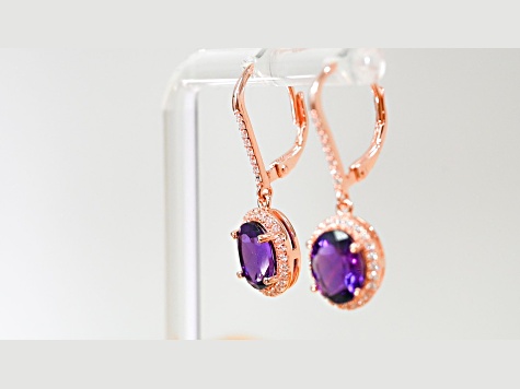 Amethyst and CZ 2.98 Ctw Oval 18K Rose Gold Over Sterling Silver Drop Earrings Jewelry.