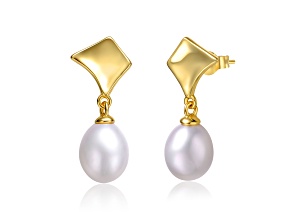 Freshwater Pearl, 14K Yellow Gold Plated over Sterling Silver Drop Geometric Dangle Earrings