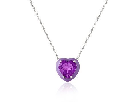 Amethyst 2.8ct Heart Shape Pendant Necklace with Matching Enamel Bezel Setting