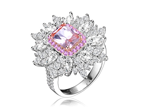 Morganite Cubic Zirconia, Rhodium Plated over Sterling Silver Halo Ring