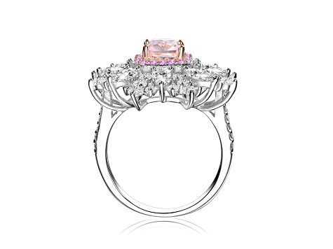 Morganite Cubic Zirconia, Rhodium Plated over Sterling Silver Halo Ring