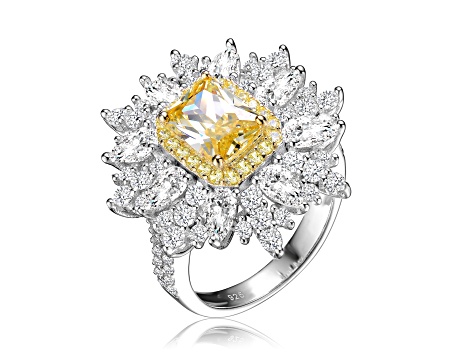 Yellow Cubic Zirconia, Rhodium Plated over Sterling Silver Halo Ring