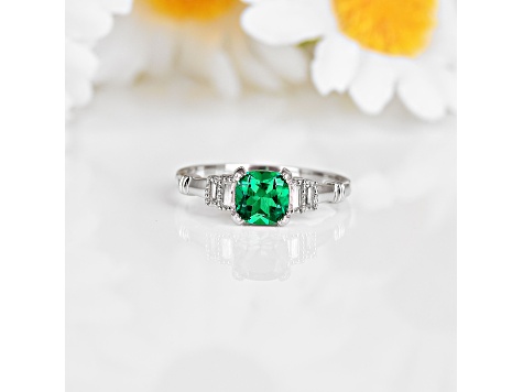 Lab Created Emerald and Moissanite Rhodium Over Sterling Silver Center Design Ring