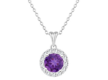 Picture of 7mm Round Amethyst and White Topaz Accent Rhodium Over Sterling Silver Halo Pendant w/Chain