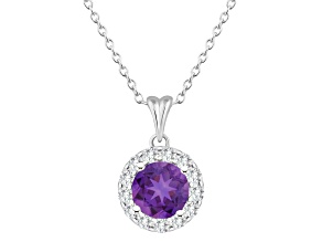 7mm Round Amethyst and White Topaz Accent Rhodium Over Sterling Silver Halo Pendant w/Chain