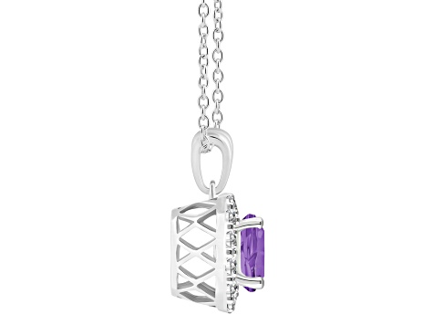 7mm Round Amethyst and White Topaz Accent Rhodium Over Sterling Silver Halo Pendant w/Chain