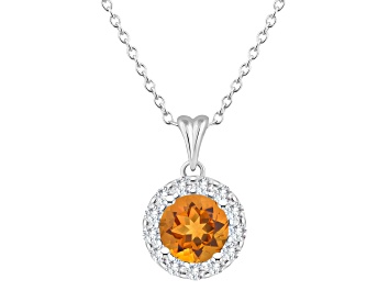 Picture of 7mm Round Citrine and White Topaz Accent Rhodium Over Sterling Silver Halo Pendant w/Chain