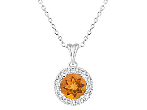 7mm Round Citrine and White Topaz Accent Rhodium Over Sterling Silver Halo Pendant w/Chain