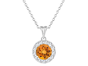 7mm Round Citrine and White Topaz Accent Rhodium Over Sterling Silver Halo Pendant w/Chain