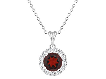 Picture of 7mm Round Garnet and White Topaz Accent Rhodium Over Sterling Silver Halo Pendant w/Chain