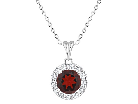 7mm Round Garnet and White Topaz Accent Rhodium Over Sterling Silver Halo Pendant w/Chain