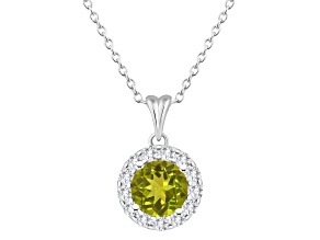 7mm Round Peridot and White Topaz Accent Rhodium Over Sterling Silver Halo Pendant w/Chain