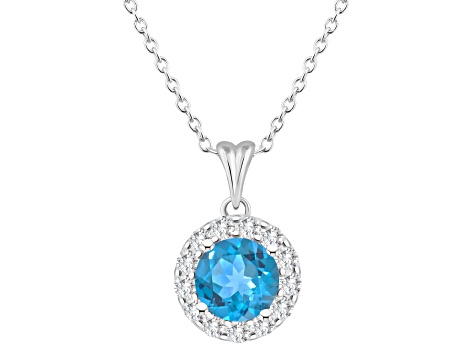 7mm Round Swiss Blue Topaz and White Topaz Accent Rhodium Over Sterling Silver Halo Pendant w/Chain